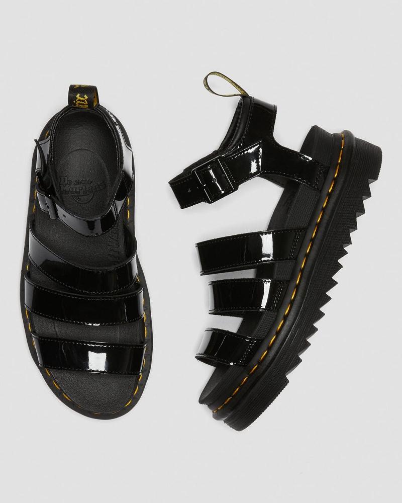 Black Women's Dr Martens Blaire Patent Leather Gladiator Sandals | CA 294TCE